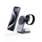 AUKEY 3-in-1 Qi2 Wireless Charger Foldable Magnetic Stand 25W + Wall USB Charger 1 USB-C (30W) Gray